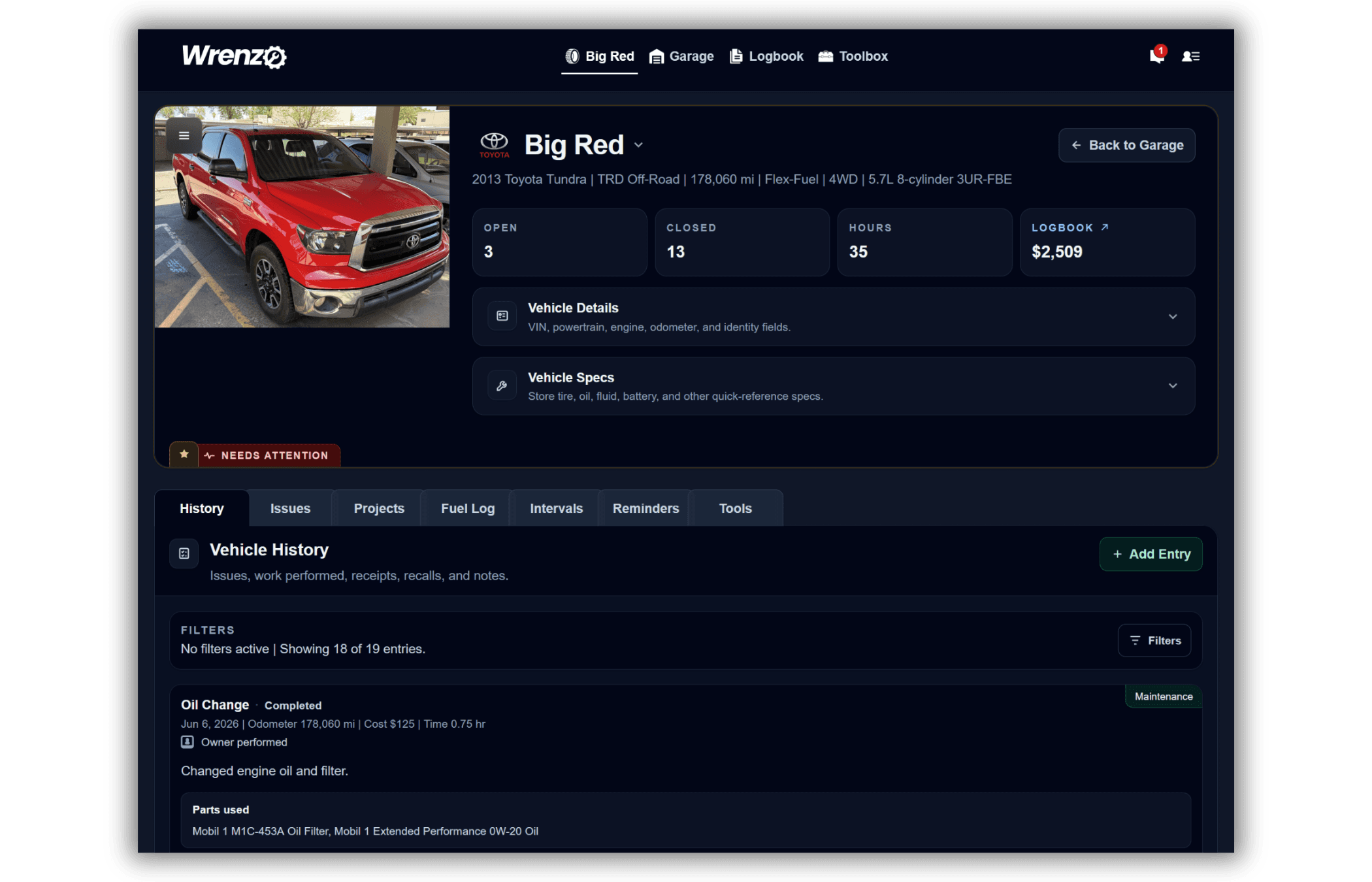 Wrenzo vehicle page showing maintenance history, health status, vehicle details, and tabs