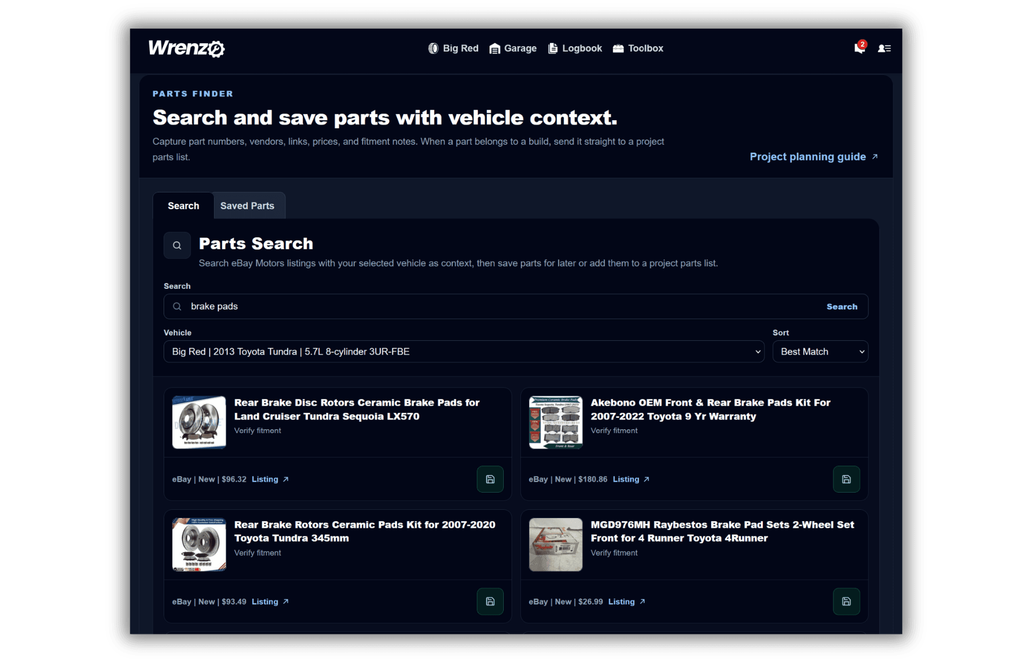 Wrenzo Parts Finder showing eBay Motors search results, saved part actions, and vehicle context