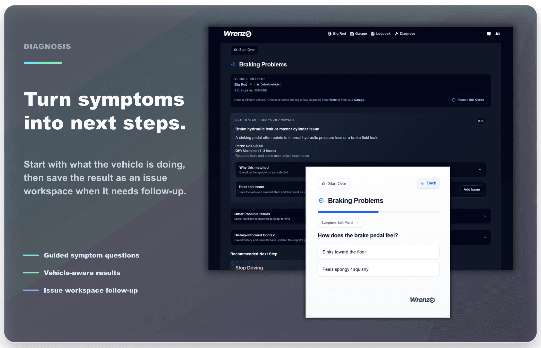 Wrenzo diagnosis results with likely causes, repair prep, and safety findings
