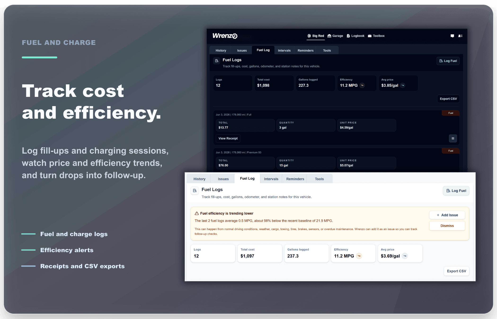 Wrenzo fuel and charge logging with efficiency metrics, trend reporting, receipts, and export tools