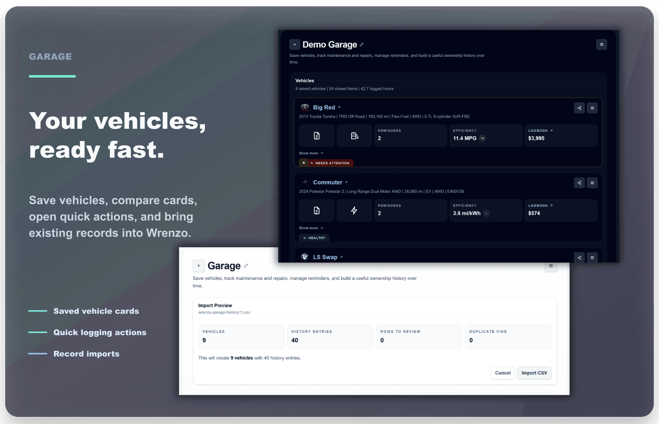 Wrenzo Garage showing saved vehicle cards and import preview tools