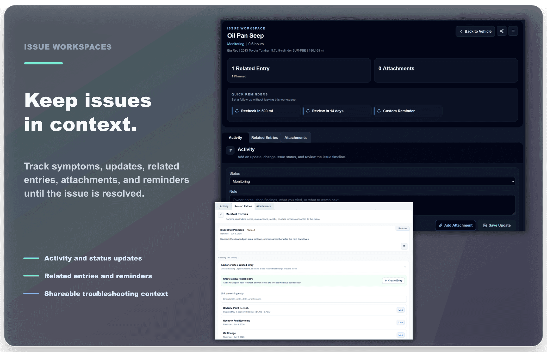Wrenzo issue workspaces showing status, notes, reminders, related entries, and health context