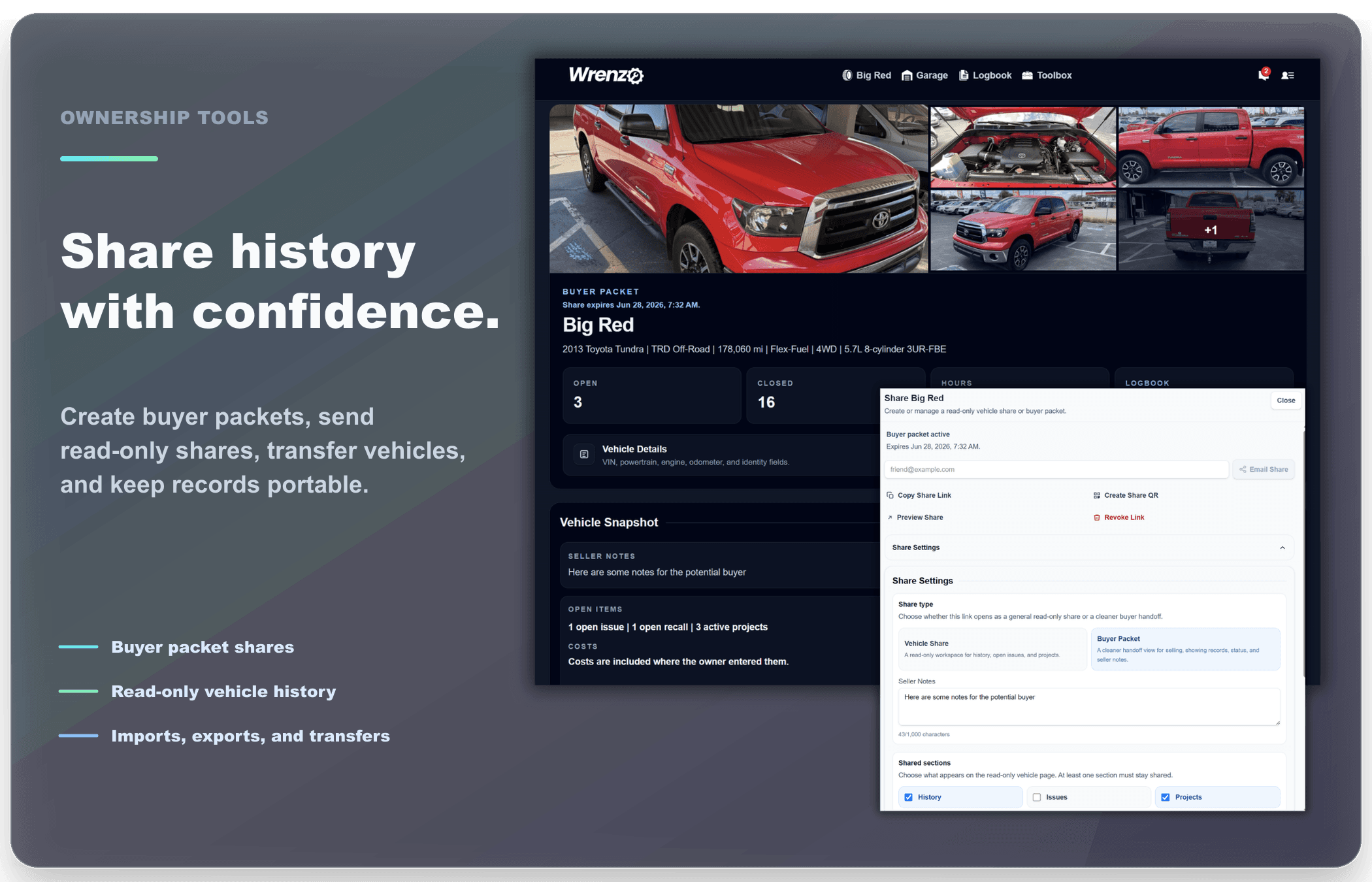 Wrenzo ownership tools for importing records, attachments, reminders, sharing, and transfers