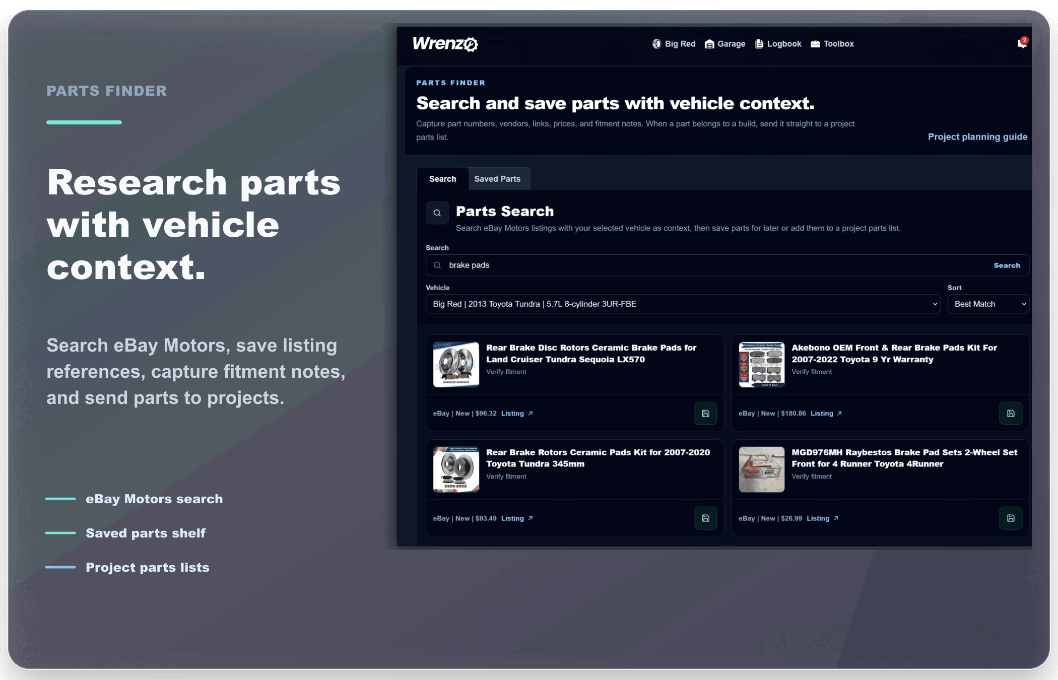 Wrenzo Parts Finder showing eBay Motors search results, saved parts, and project parts list workflow