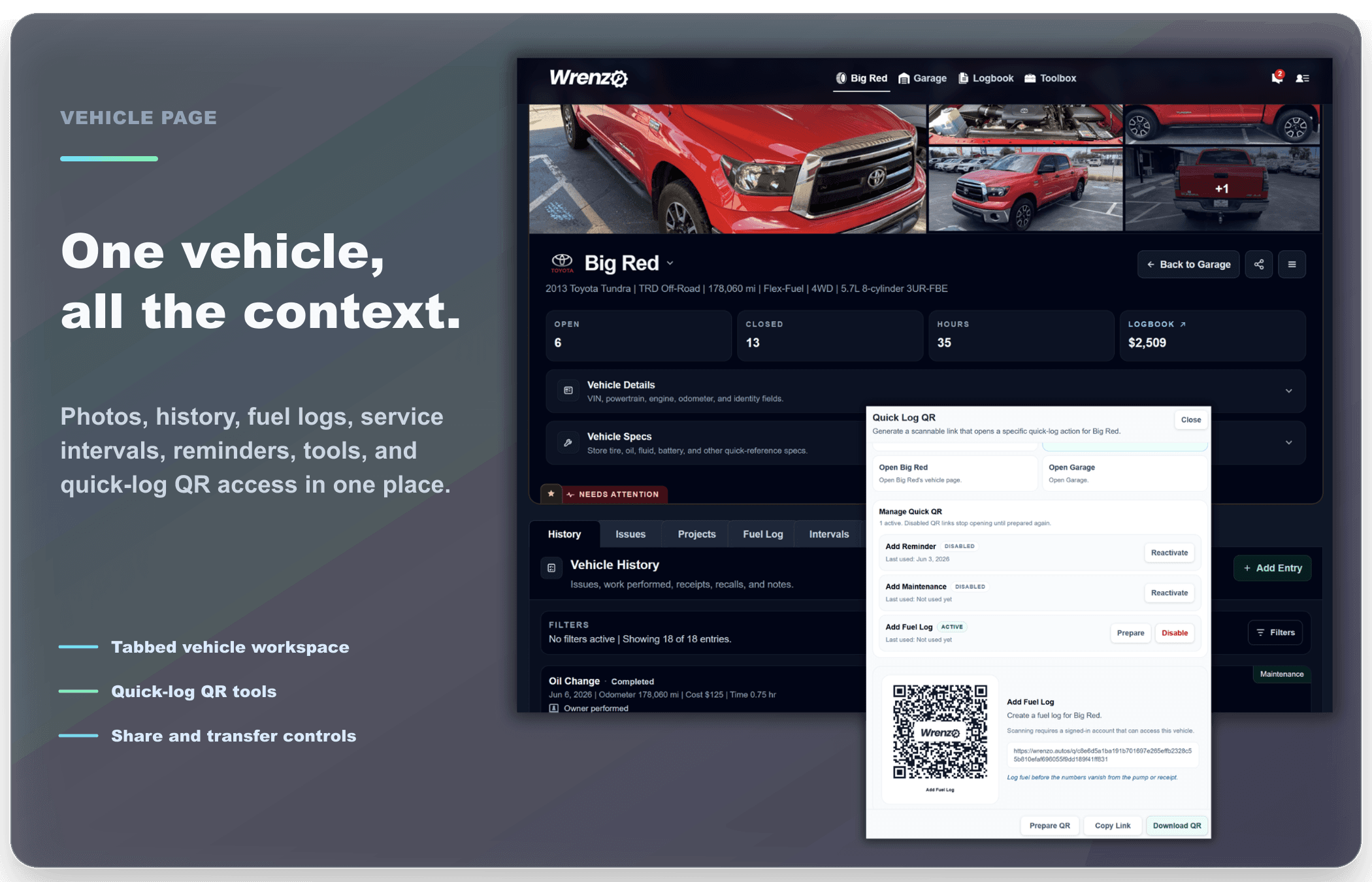 Wrenzo vehicle page showing tabs for history, logs, intervals, reminders, and tools