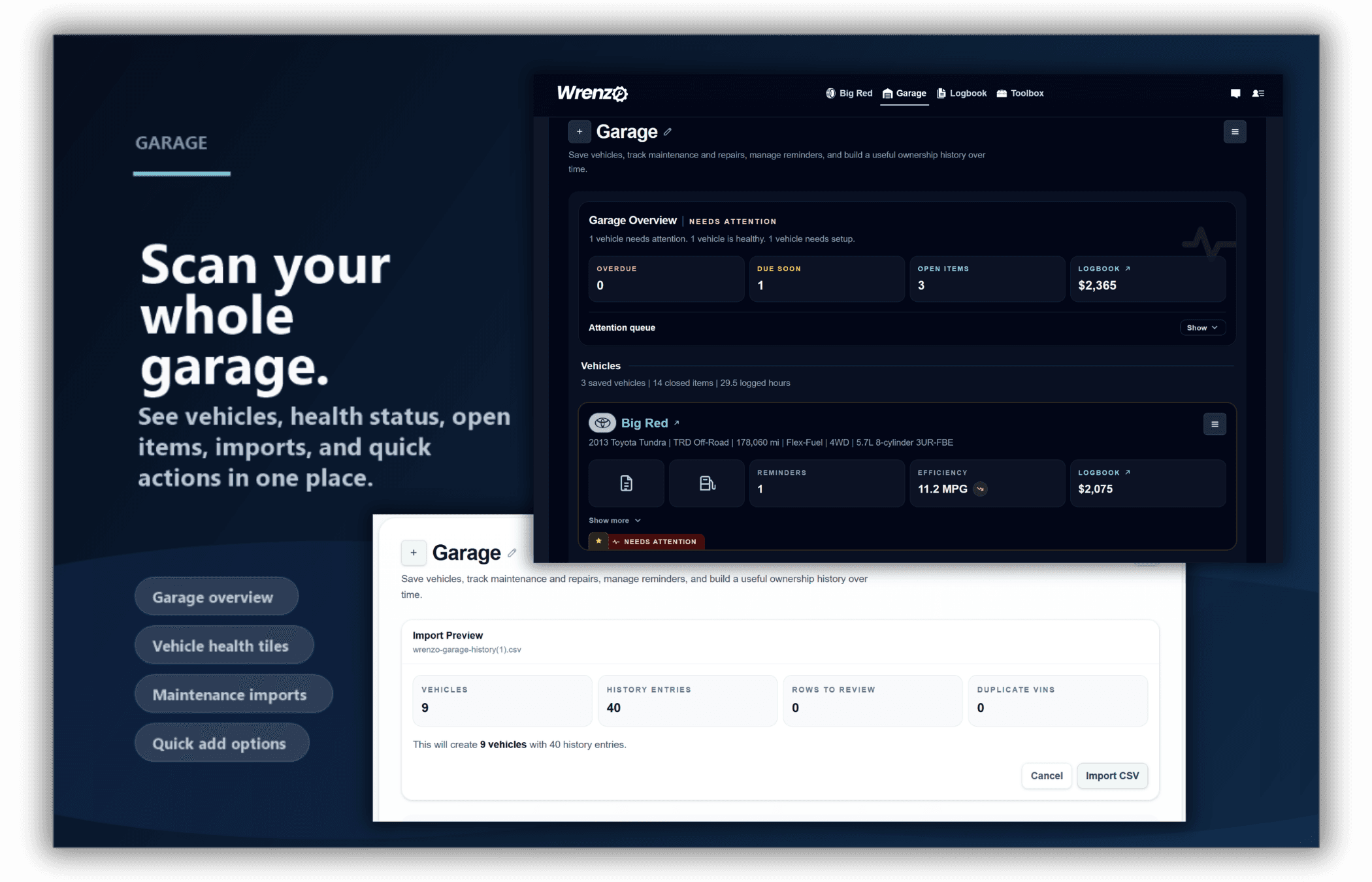 Wrenzo Garage showing vehicle cards, logbook links, and items needing attention