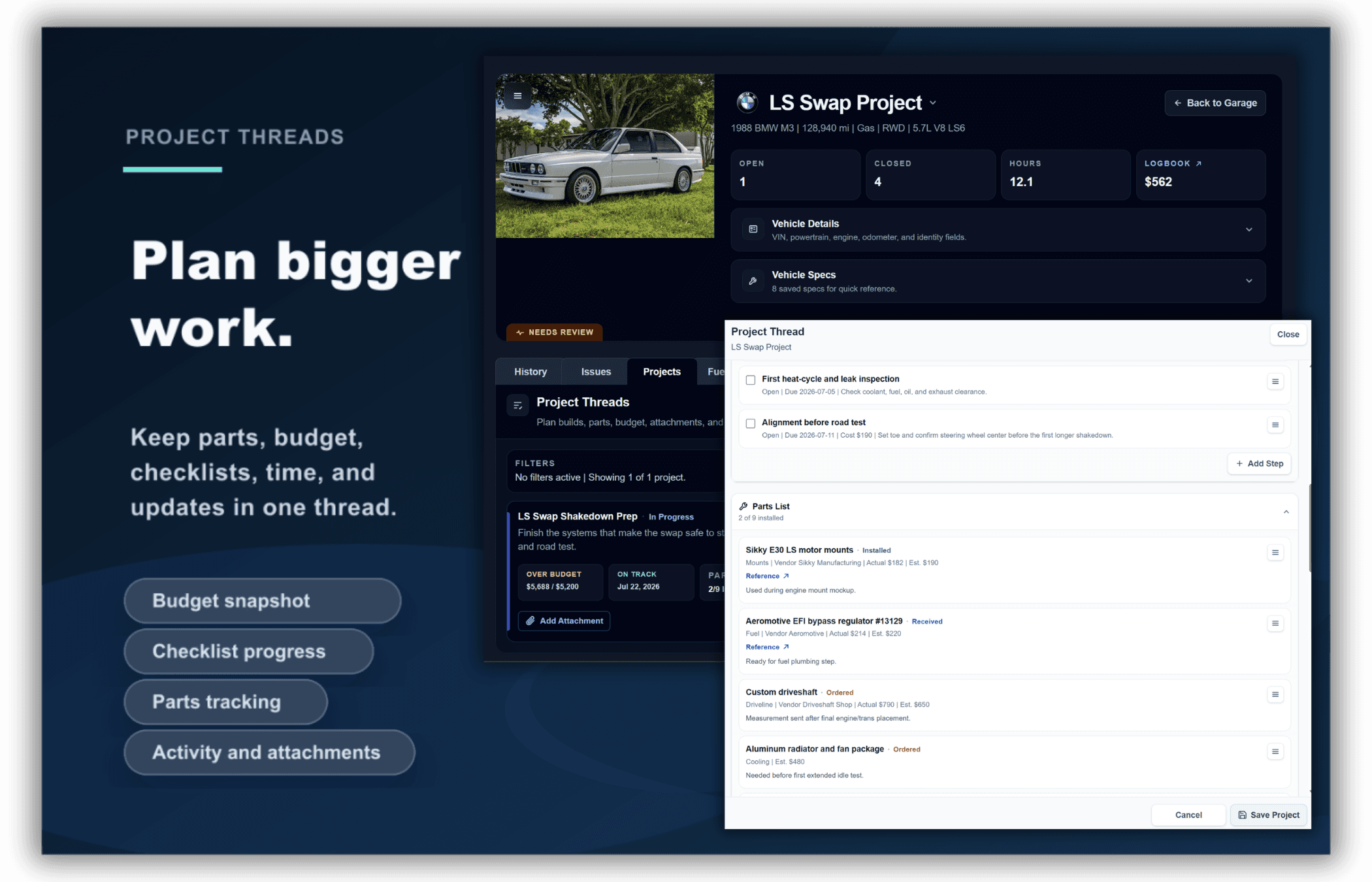 Wrenzo project threads showing budget tracking, checklist items, parts, and project activity