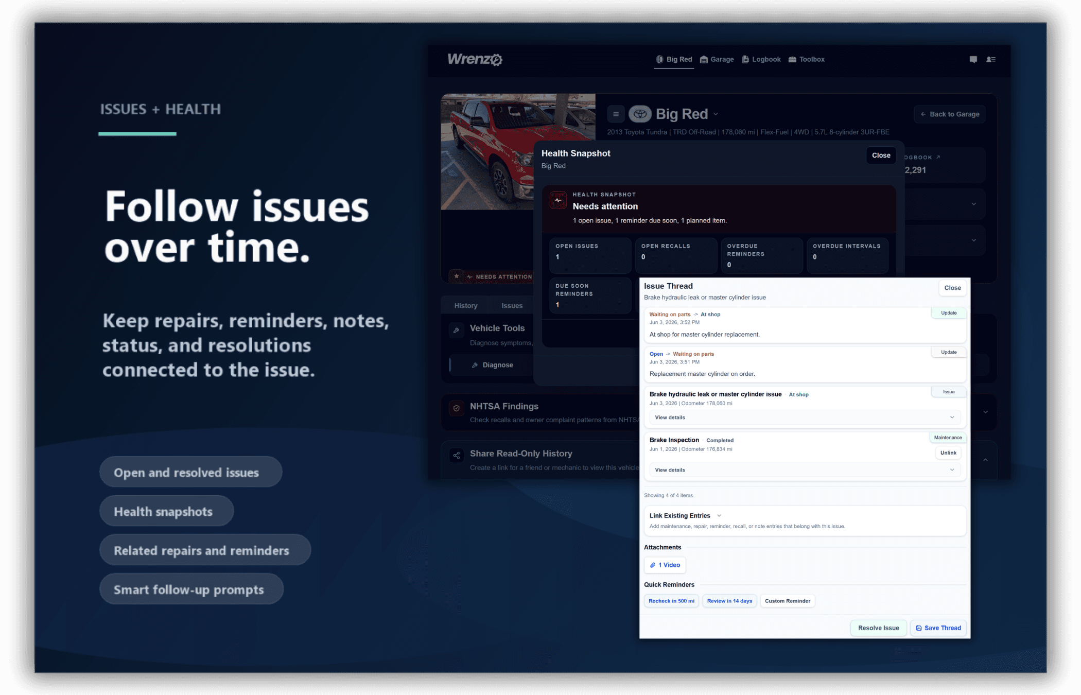 Wrenzo issue threads showing status, notes, reminders, related entries, and health context