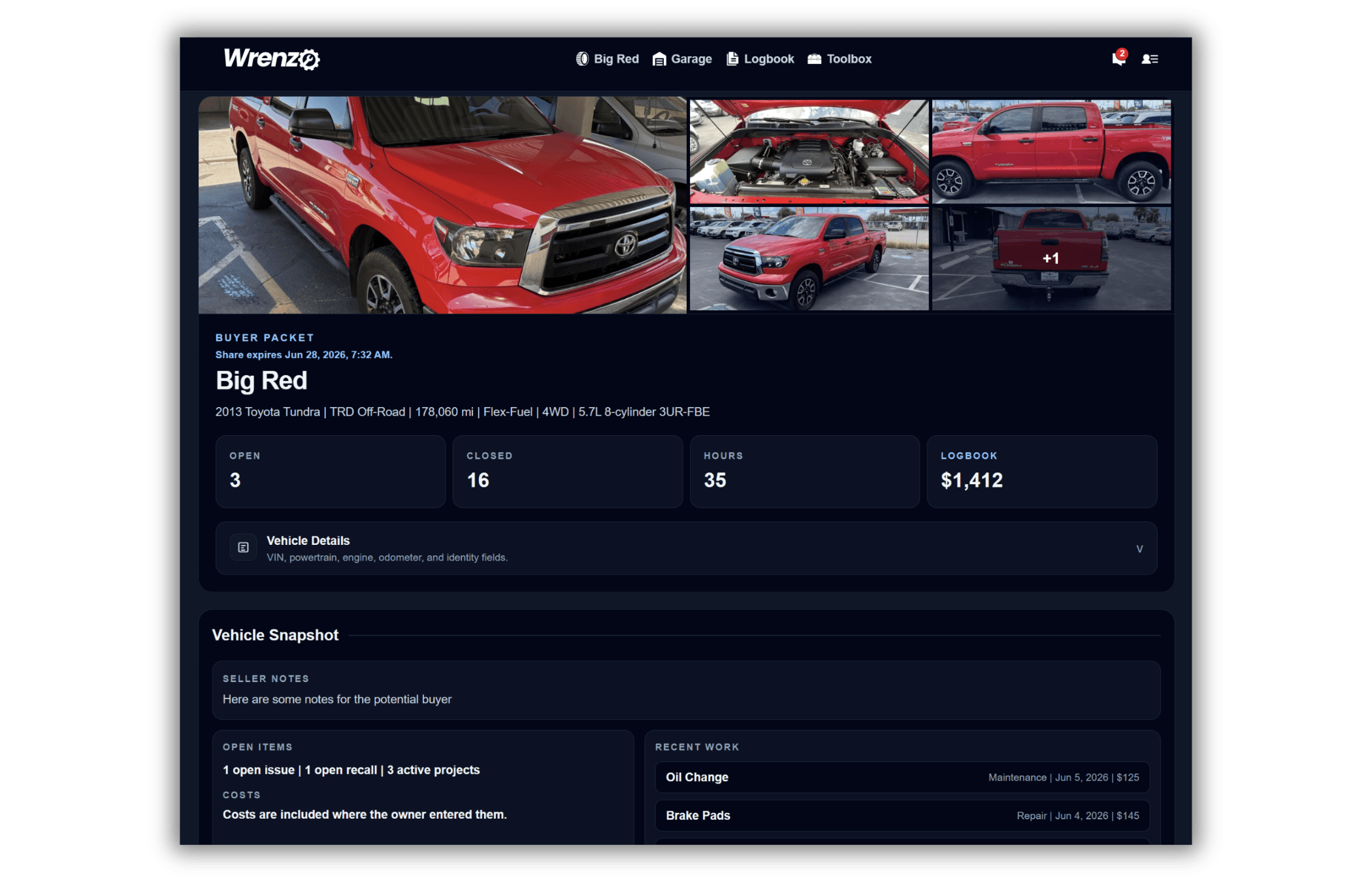 Wrenzo buyer packet showing vehicle history, photos, seller notes, and recent work before transfer to a new owner