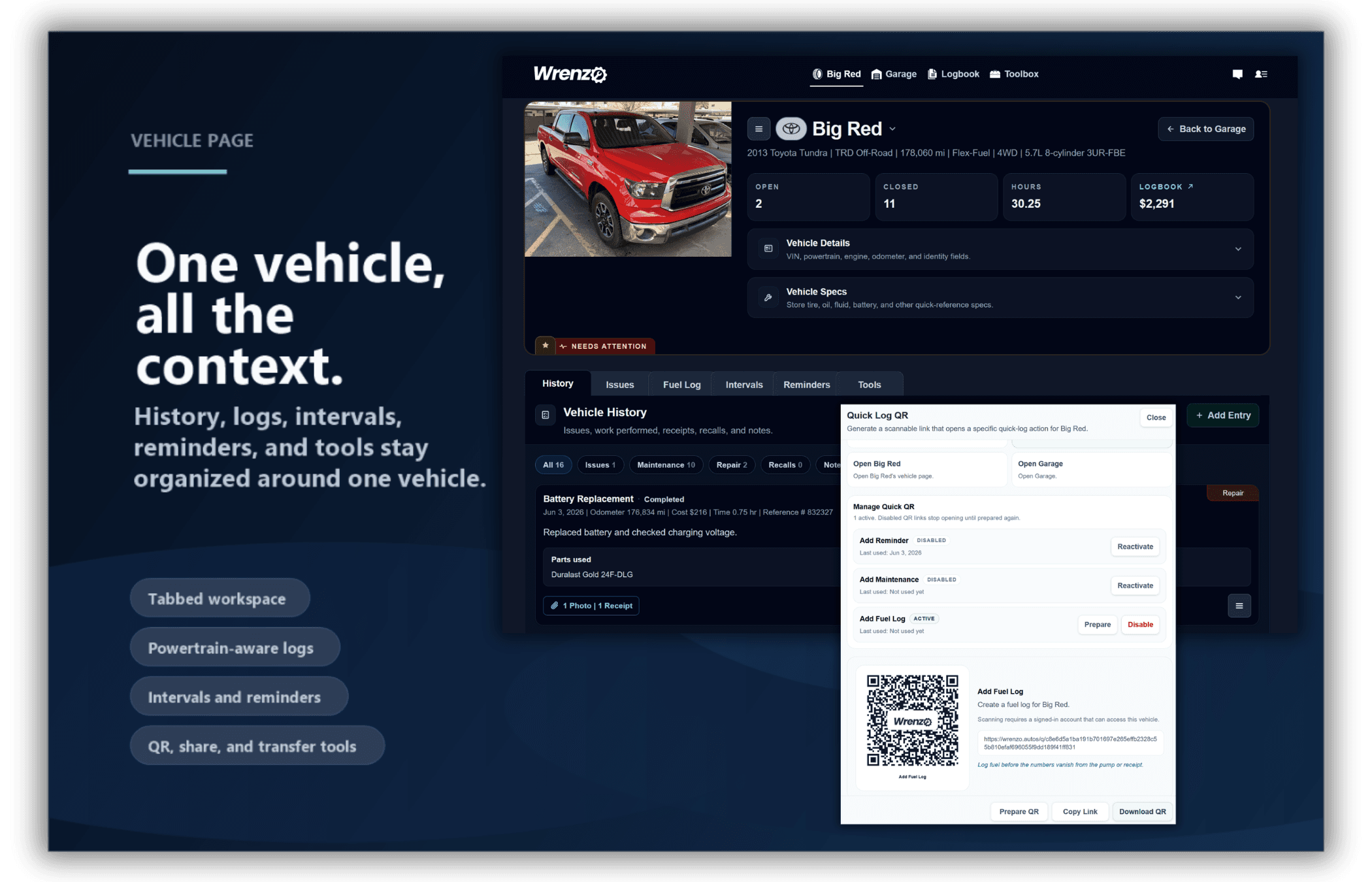 Wrenzo vehicle page showing tabs for history, logs, intervals, reminders, and tools