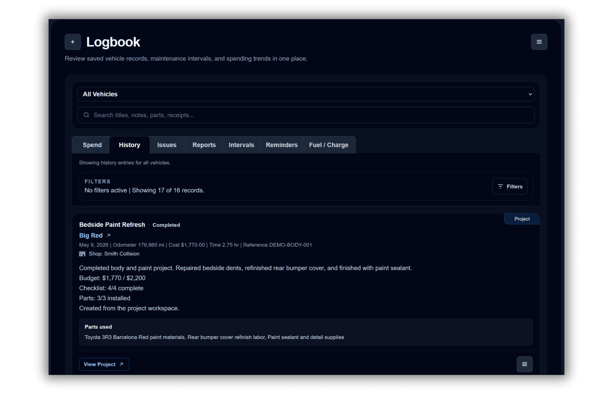 Wrenzo logbook showing maintenance records, parts used, receipts, and owner-performed work