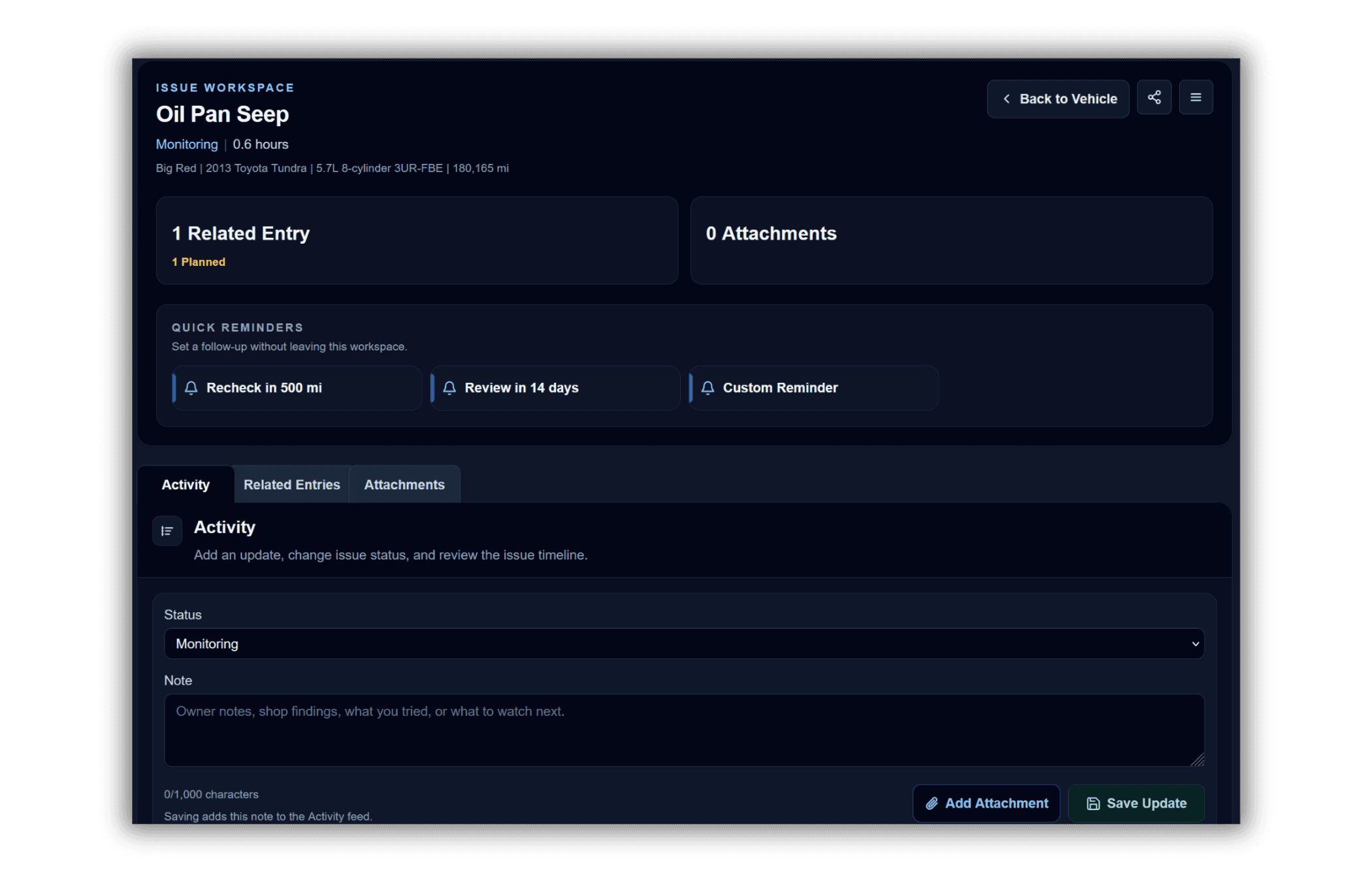 Wrenzo issue workspace showing status, activity, related records, attachments, and follow-up reminders